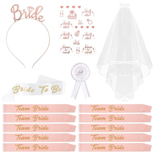VMUTGA 15 Pièces Enterrement de Vie de Jeune Fille Accessoire, EVJF Accessoire Écharpe Future Mariée Voile Mariée Badge Bandeau Diadème avec 10 Team Bride Écharpe pour Fête Soirée EVJF Décoration