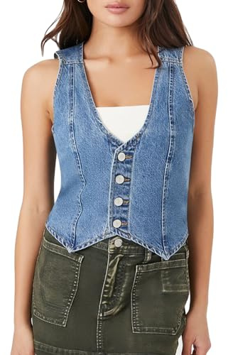 Felcia Ärmellose Denim-Weste für Damen, sexy, V-Ausschnitt, Knopfleiste, Denim-Weste, lässig, bauchfrei, zum Ausgehen, C-Blau, S