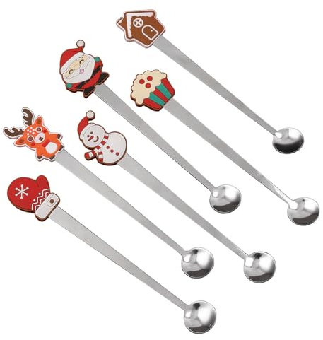6 Pcs Christmas Spoons Stainless Steel Coffee Spoons Xmas Santa Claus|Snowman|Cake|House|Glove Shape Teaspoons Long Handle Christmas Spoon Set for Food Tea Coffee Stirring Desserts