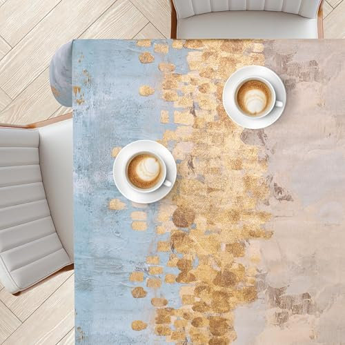 KP Home Mantel Mesa Rectangular de PVC Beige 200x140 cm – Impermeable, Cubre Hule Mesa de Plástico Azul, Vinilo Resistente para Interior y Exterior con Estampado Artístico Dorado y Efecto Brillante
