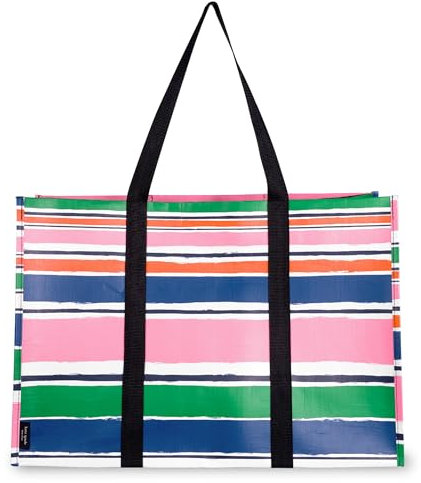 kate spade new york Large Reusable Grocery Bag, Oversized Tote Bag with Pockets, Striped Collapsible Tote for Shopping, Ocean Stripe, Ocean Stripe
