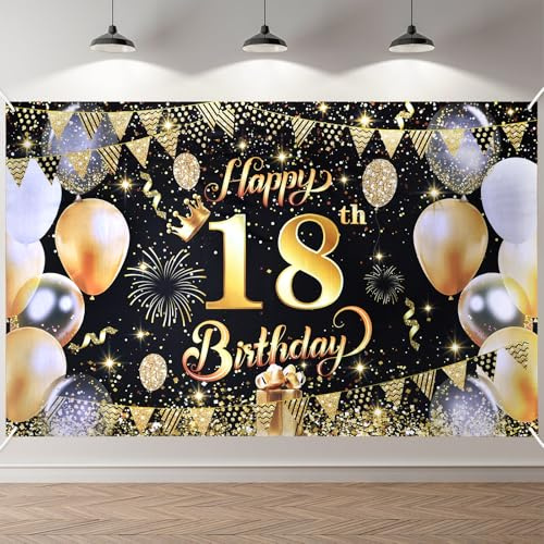 ANOMM 18.Geburtstag Banner Schwarzes-Gold, Happy Birthday Banner | 18.Geburtstag Dekoration für Drinnen und Draußen, Extra Groß Party Geburtstagsdeko Hintergrund (180 x 110 cm)