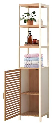HavenGlide Hochschrank Badezimmer Badezimmerschrank Bambus - Badschrank Schmal mit 3 offenen Fächern und Schrank, Hoch Beistellschrank 33 cm breit - Badmöbel Badregal für Kleine Räume, 165x33x33cm