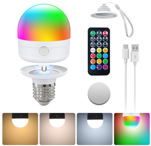 Bombilla Recargable USB-C Con Mando A Distancia,Bombillas LED E27 7W, CCTRGB Bombilla Recargable Regulable Con Temporizador Y Batería, 2000mAh Luz De Emergencia Al Aire Libre Con MagnéTico, Pack de 1