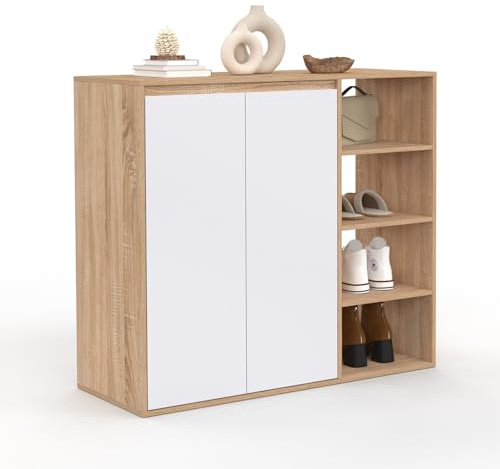 IDMarket - Armoire à Chaussures 12 Paires TOMI 2 Portes avec 4 étagères façon hêtre et Blanc