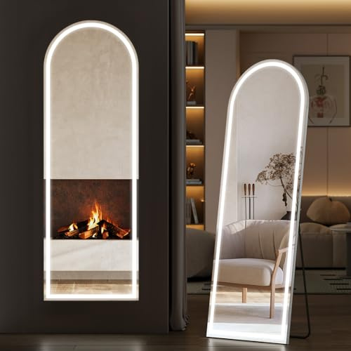 Sweetcrispy Arched Full Length Mirror with LED Lights, 61x17 Lighted Floor Mirror with Dimming & 3 Color Lighting, Stand for Bedroom, Dressing Room