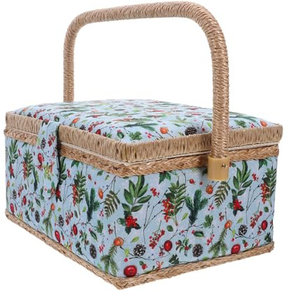 Operitacx Cesta de Costura Grande con Bordado Navideño Organizador de Tela Portátil con Asa para Almacenamiento de Materiales de Costura y Bordado Diseño Europeo para Casa y