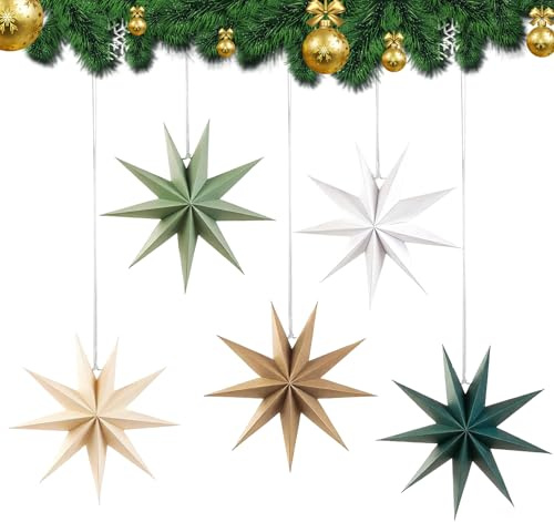 5 Stück Papiersterne, 9 Zacken Faltsterne, 30cm Papiersterne zum Aufhängen, Papier Stern Dekoration, Weihnachten Dekoration für Weihnachtsdeko, Fensterdeko, Hochzeit, Geburtstag Tischdeko
