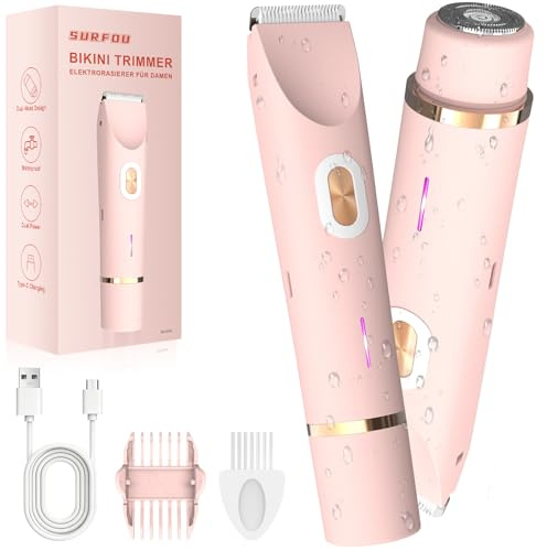 SURFOU Afeitadora Mujer Eléctrica 2 en 1, Recortadora de Bikini y Zonas Sensibles, Doble Cabezal, USB-C Recargable, Inalámbrica, Uso en Seco y Mojado, Impermeable IPX7