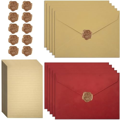 35 Stück Vintage Briefpapier mit Umschlag Kraftpapier Umschläge mit 10 Umschläge und 10 Wachssiegel Selbstklebend und 15 A5 Briefpapier Vintage Papier für Hochzeits Einladung Grußkarten Geburtstag