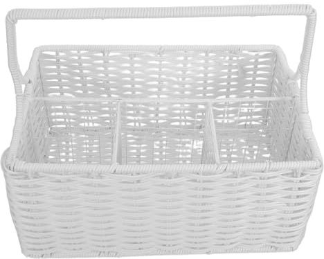 Mikikit Cestino Porta Posate Intrecciato con Scomparti Divisori e Manico Organizer Portatile per Utensili da Cucina in Stile Rattan Scolapiatti Multiscomparto per Forchette e per