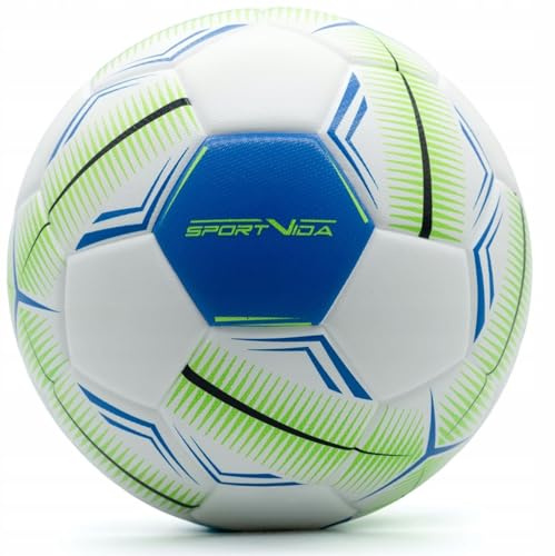 SportVida Futsal - Calcio da coperta, taglia 4, bianco blu, verde, materiale PU, cuciture incollate, gioco per interni, diametro 62-64 cm (bianco-blu)