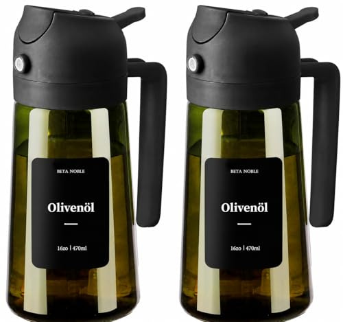 BETA NOBLE Ölsprüher zum Kochen,2 in 1 Öl Sprühflasche, 470ml Glas-ölspray für airfryer zum Kochen mit Aufklebern, lebensmittelechte Premium-Sprühflasche für Salate, Braten, Grillen (2Stück-Schwarz)