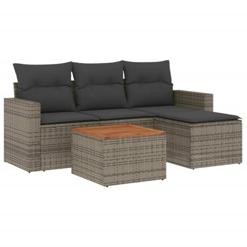 Foknhdi 5-TLG. Garten-Sofagarnitur Poly Rattan Grau 55x62x69 cm platzsparendes Balkonmöbel-Set mit Akazienholztisch für kleine Terrasse oder Wintergarten