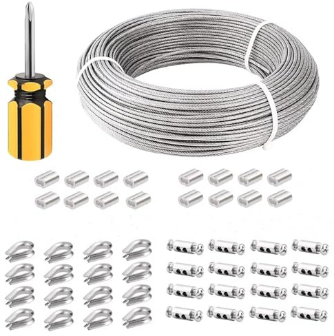 NEWFUN 70M Cable Acero, Cable Acero 3mm, Cable de Acero Inoxidable con Manguito de Engarce y Guardacabos Para Tensar Vallas, Cables de Suspensión de Lámparas de Exterior (70M)