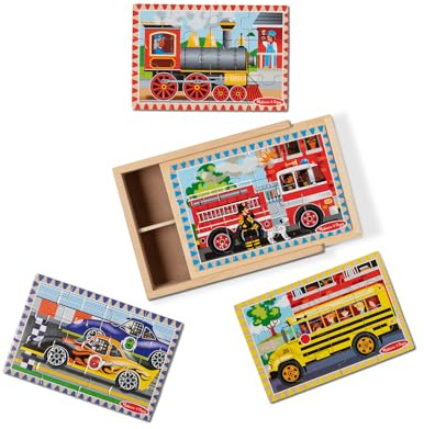 Melissa & Doug 13794 4 Holzpuzzle im Kästchen Fahrzeuge