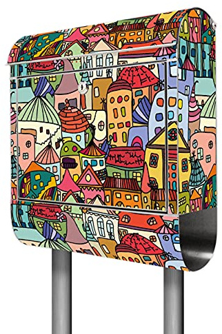 banjado® Standbriefkasten Edelstahl mit Zeitungsfach Motiv Funky Town/Briefkasten mit Standfuß/Edelstahl Briefkasten freistehend - A4 Einwurf inkl. 2 Schlüssel