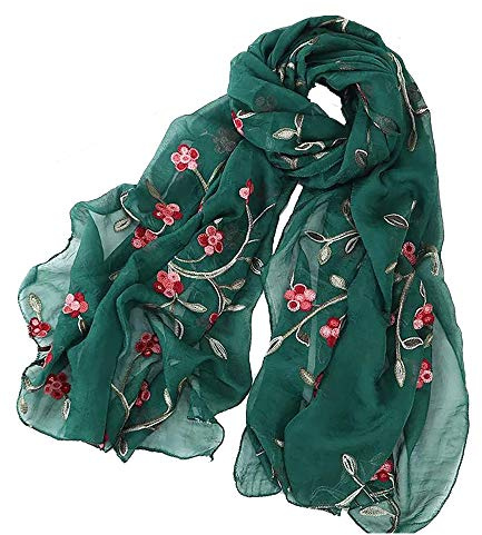 Pluto & Fox Foulard Donna Ricamato Con Fiori Sciarpa Di Seta Elegante Design Retrò Sciarpa Collo Stola (verde)