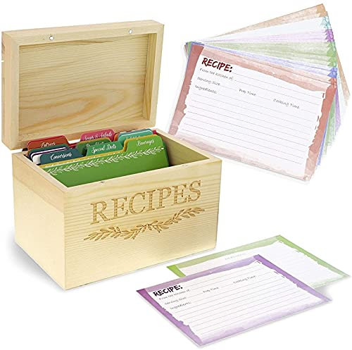 Juvale Coffret en Bois d'Organisation de Recettes, Boîte de Rangement avec Fiches et Séparateurs Intercalaires
