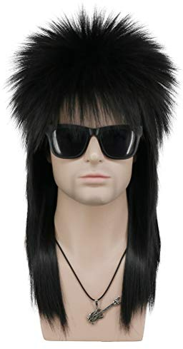 VGbeaty hockeyfrilla peruk lång rak svart peruk män kvinnor 70-tal 80-tal rockare punk rock diva maskeradklänning halloween kostym party peruk