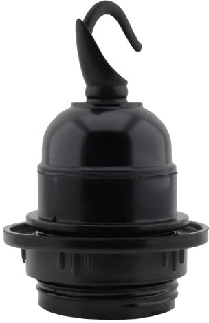 Art Deco Emporium Single E27 Lampholder in Black Bakelite with Shade Ring and Deco Styled Chain Hook for Hanging Light Fittings, Black Ceiling Light Fitting or Pendant Light Fitting