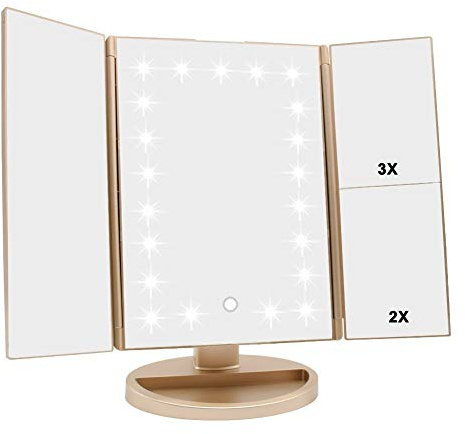 Flymiro Espejo Maquillaje con Luz, Profesional Espejo Cosmético 1X, 2X,3X Iluminacíon 21 Led Pantalla táctil Lámparas,Plegable Lámpara LED 180° Rotación Coméstico con Mostrador,Mejor Regalo (Oro)