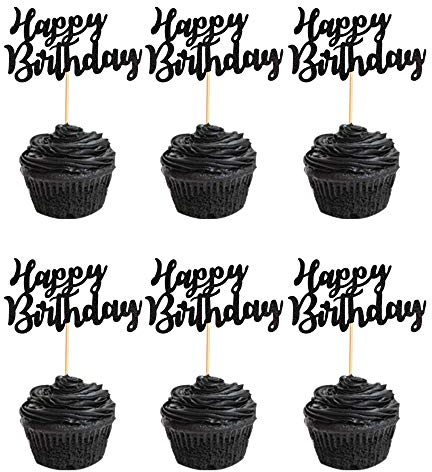 Arthsdite Pack of 48 Pre-Assembled Black Glitter Happy Birthday Cupcake Toppers Cake Food Fruit Picks for Celebrating Birthday Party Decoration Supplies