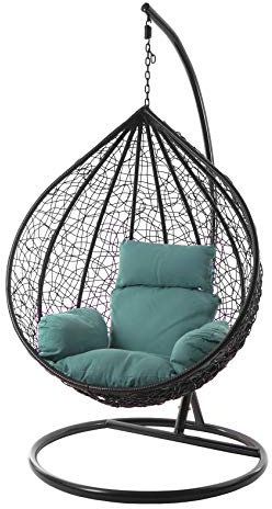 Kideo® Komplettset: XXL Hängesessel mit Gestell & Kissen, Lounge Möbel, Poly-Rattan, schwarz, edel, groß (Kissen: Nest dunkelblau (5060 Ocean))