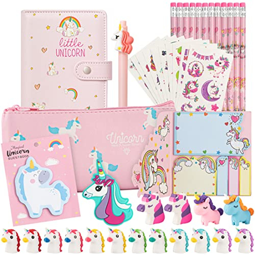 Papeterie Licorne - Cadeau d’anniversaire pour fille de 5, 6, 7, 8 et 9 ans - Set d'écriture rentrée scolaire : trousse licorne, cahier, stylo licorne, gomme jouet licorne, feuilles, notes | 43 pcs