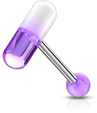Paula & Fritz® Zungenpiercing Chirurgenstahl Acryl Zweifarbige Pille 16mm Stablänge 1,6mm Stabdicke Lila Weiß Tonque Barbell Edelstahl Gerade Hantel