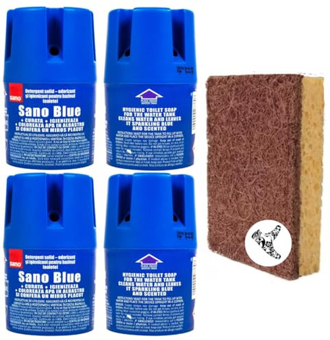 SANO Blue Water Toilet Bowl Cleaner Long Lasting Air Freshener WC Tablet - Cleans, Perfumes, Hygienic, Leaves Water Sparkling Blue, Up to 900 Flushes + Coconut Multipurpose Cleaning Sponge (Pack of 4)