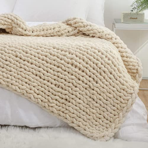 YAAPSU Manta de Punto Grueso de 50 x 60 Pulgadas, Manta de felpilla, Manta de Punto Grueso para sofá y Cama, Manta de Punto Suave y Grande, Manta de Punto Trenzado Grueso de Ganchillo (Beige)