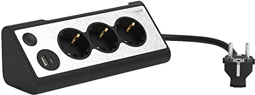revolt Tischsteckdosen: 3-fach-Steckdose mit LED-Nachtlicht, 1x USB A QC, 1x USB C PD, schwarz (Eck-Steckdose, Steckdosenleiste Eckmontage, Kabel)