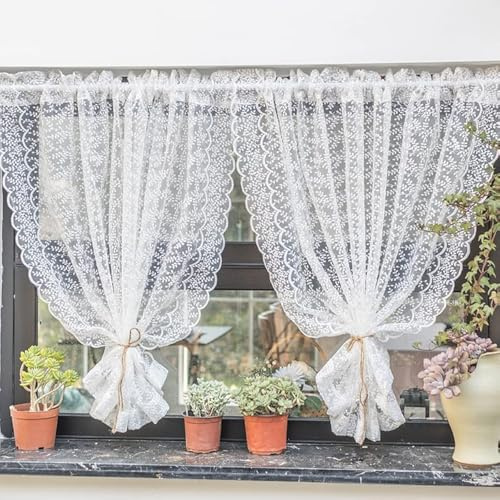 Yaland Rideau brise-bise avec dentelle et fleurs brodées, H x l : 150 x 130 cm, 1 pièce