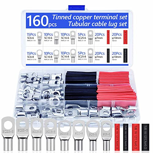 Kabelschuhe Set,Quetschverbinder Set,160 Stück Kabelschuh Set 6mm²10mm16mm²25mm²,M6 M8 Verzinnt Kupfer Ringkabelschuhe Set,80 Pcs Kabelschuhe Flachstecker u 80 Pcs Schrumpfschlauch