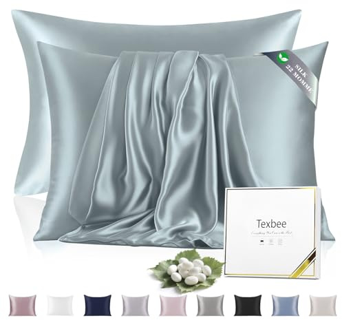 Texbee Seidenkissenbezug 40x60 Maulbeerseide für Haar und Haut, Misty Blau | Beidseitige 22 Momme Naturseide für gesunde Haut & glattes Haar, mit Diskreter Reißverschluss, kühlend, atmungsaktiv, 2 Stück