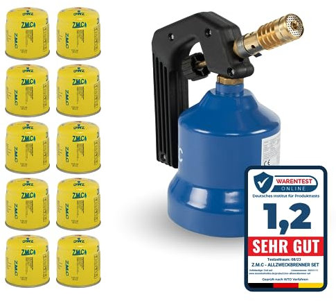 Z.M.C Gasbrenner 2,2 kW + 10 Gaskartuschen 190 g, Flambierbrenner, Bunsenbrenner, Küchenbrenner mit einstellbarer Flamme, Brenneraufsatz für Camping, Lötbrenner, Lötlampe zum Weich- oder Hartlöten