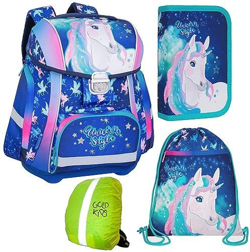 Schulranzen-set Einhorn Unicorn Ranzen Schulranzen Kinderrucksack, Federmappe, Schuhbeutel, Regenschutz Motivdruck Unicorn Einhorn Style 4-teilig