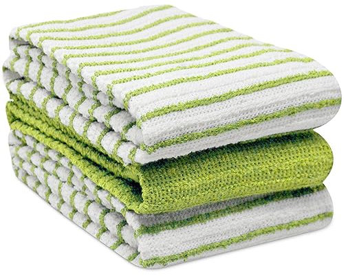 Towelogy Kitchen Tea Towels Set Of 3 Cotton - 40 x 60 cm Super Soft & Quick Drying Dish Cloths - Striped & Solid Designed (Green/White, 3)