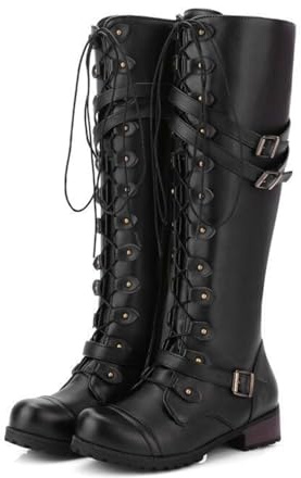 ENWIND Womens Lace Up Mid Calf Boots Fashion Goth Punk Biker Boots Military Combat Knee High Boots,Black,10 UK
