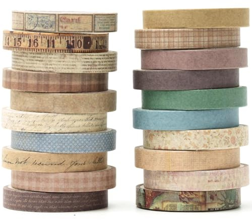 YUBX 20 Rollos Vendimia Washi Tape Set Flaco Retro Cinta Adhesiva Decorativas Masking Tape para Scrapbooking, Manualidades, Marcos de Fotos, Bullet Journal y Decorar Regalos (Vintage)