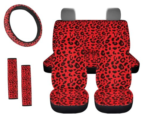 UOIMAG Roter Leopard Sitzbezug für Autos Roter Geparden-Tierdruck Lenkradzubehör mit Sicherheitsgurtbezügen