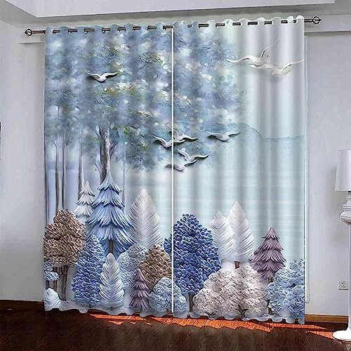 Lärmschutzvorhang Ösen Kinderzimmer Junge Verdunkelungsvorhang Blickdichter Gardinen 3D Hd Druck Winterwaldvogel 2Er Set Vorhänge Schlafzimmer Fenst