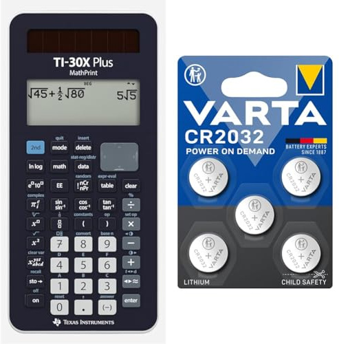 Texas Instruments TI-30X Plus MathPrint Wissenschaftlicher Schulrechner (4-zeilig) & VARTA Batterien Knopfzellen CR2032, 5 Stück, Power on Demand, Lithium