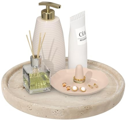 XINFUHUA Travertin-Tablett, kleines Keramik-Schminktablett für Badezimmer-Thekendekoration, runde Marmor-Tabletts für Couchtisch (Beige, mittlere Größe)