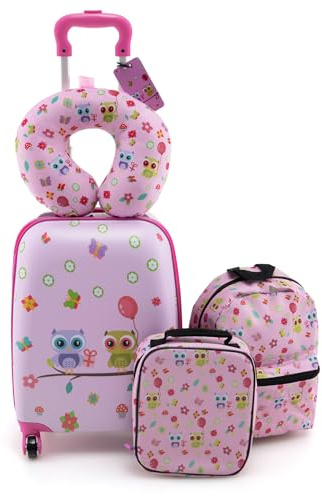 COSTWAY 5 Pezzi Valigia per Bambini, Valigia con ManicoTelescopico da 16 con 13 Zainetto, Cuscino per Il Collo, Etichetta per Bagaglio, Borsa per Il Pranzo, con Ruote Girevoli a 360 ° (Modello 4)