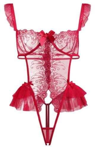 Women Bodysuit Lace Half Cup One Piece Teddy Sexy Strappy Ruffle Lingerie | High Cut Babydoll Nightwear Floral Hollow Leotard Jumpsuit Outfit Top Sleepwear for Valentine Club Party Wear