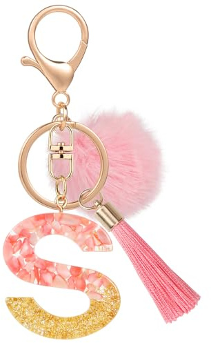 MWOOT Nom Lettre initiale S Porte-clés, Rose Porte-clés pour Femme, Charmes en Résine Pour Clé Porte Clef Voiture Décor Sac à main
