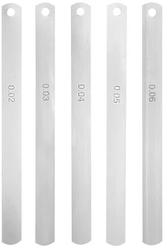 sourcing map Set di spessimetri in acciaio metrico a 5 lame, spessore 0,02 mm-0,06 mm, valvole offset, strumento di misurazione calibro per chitarra, per misurare lo spessore della larghezza del