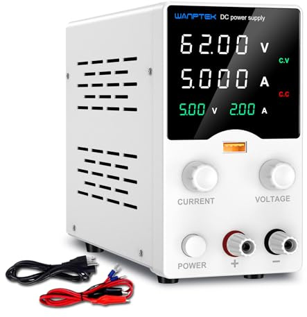 WANPTEK DC Power Supply 0-62V 0-5A, Variable Bench Power Supply with Encoder Knobs, USB Fast Charging Port with Output Current Display, 4-Digit LED Screen for Lab, DIY Electronics, Repairs